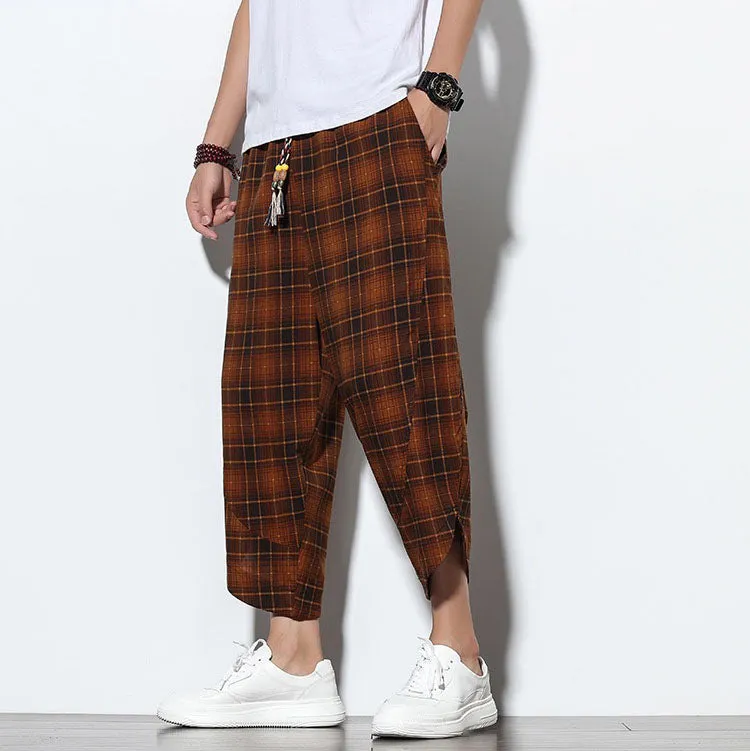 Brown Checked Linen Drawstring Cropped Pants