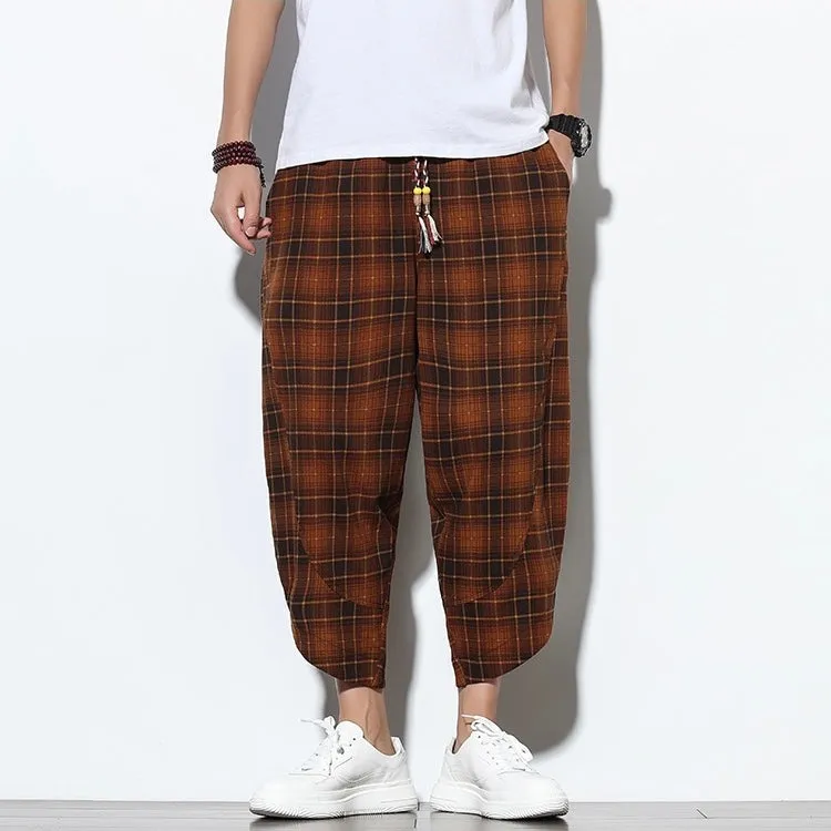 Brown Checked Linen Drawstring Cropped Pants