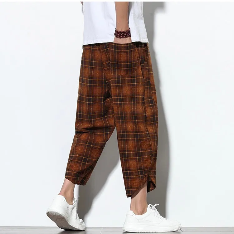 Brown Checked Linen Drawstring Cropped Pants