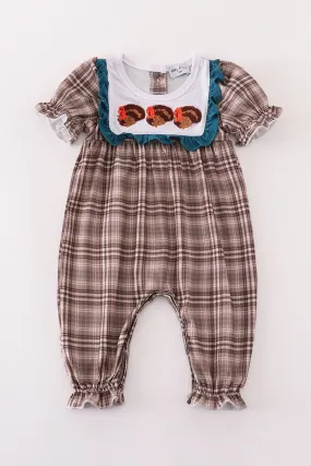 Brown Plaid Turkey French Knot Girl Romper