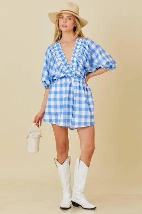 Bubble Sleeve Blue Check Romper