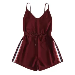 Burgundy Spaghetti Strap Drawstring Romper