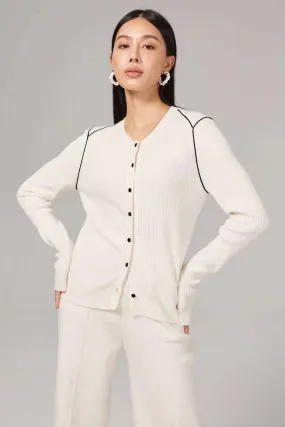 Cordelia Contrast Piping Merino Wool Ribbed Cardigan