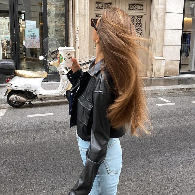 Cropped Faux Leather Bomber Jacket
