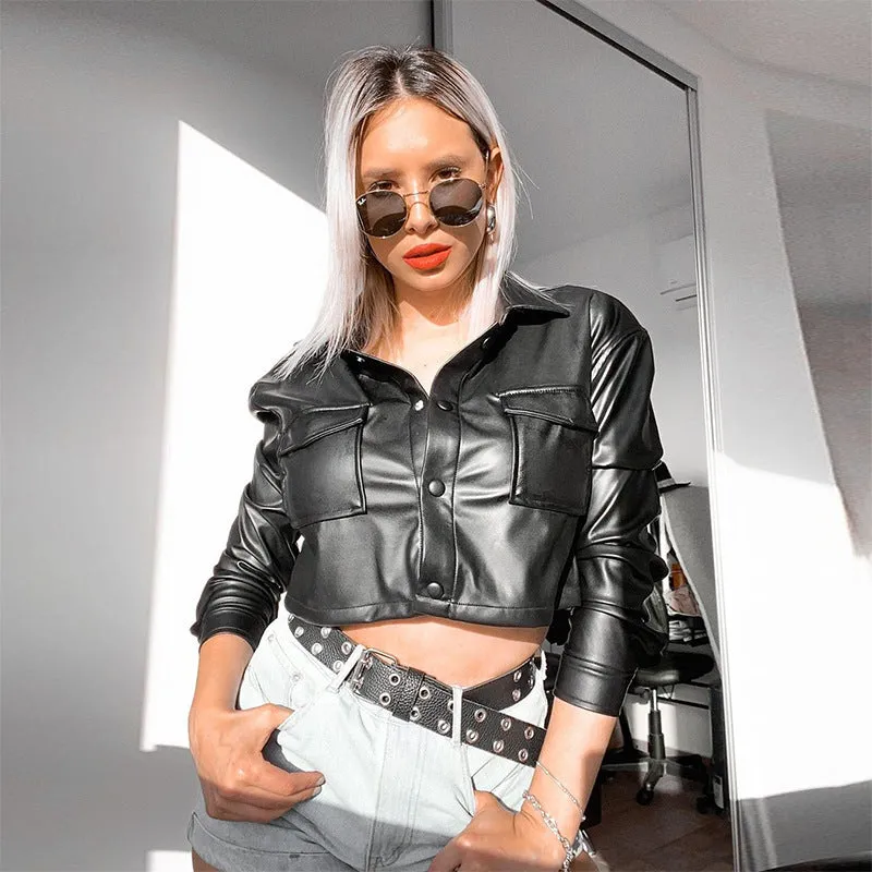 Cropped Faux Leather Bomber Jacket
