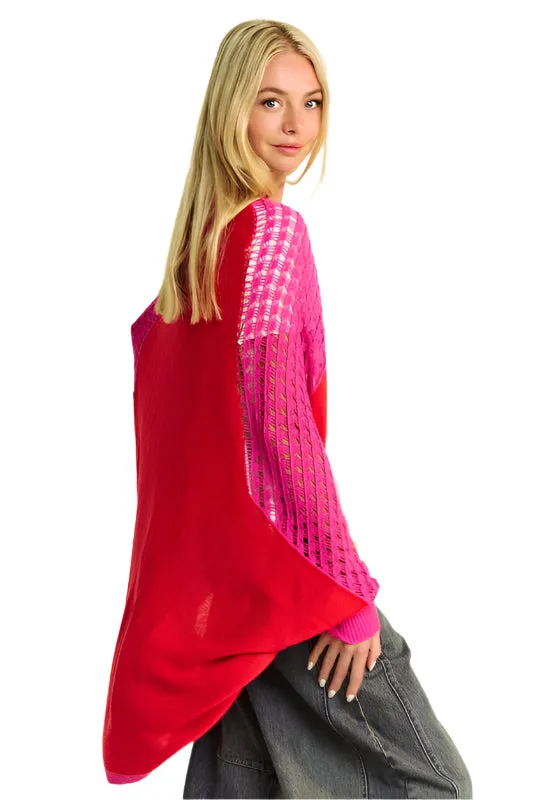 Davi & Dani Openwork Contrast Open Front Cardigan
