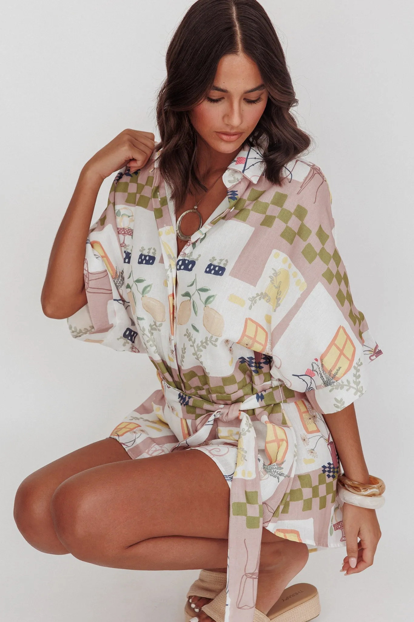 Daytona Beach Button-Up Romper Euro Print Olive