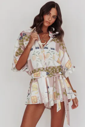 Daytona Beach Button-Up Romper Euro Print Olive