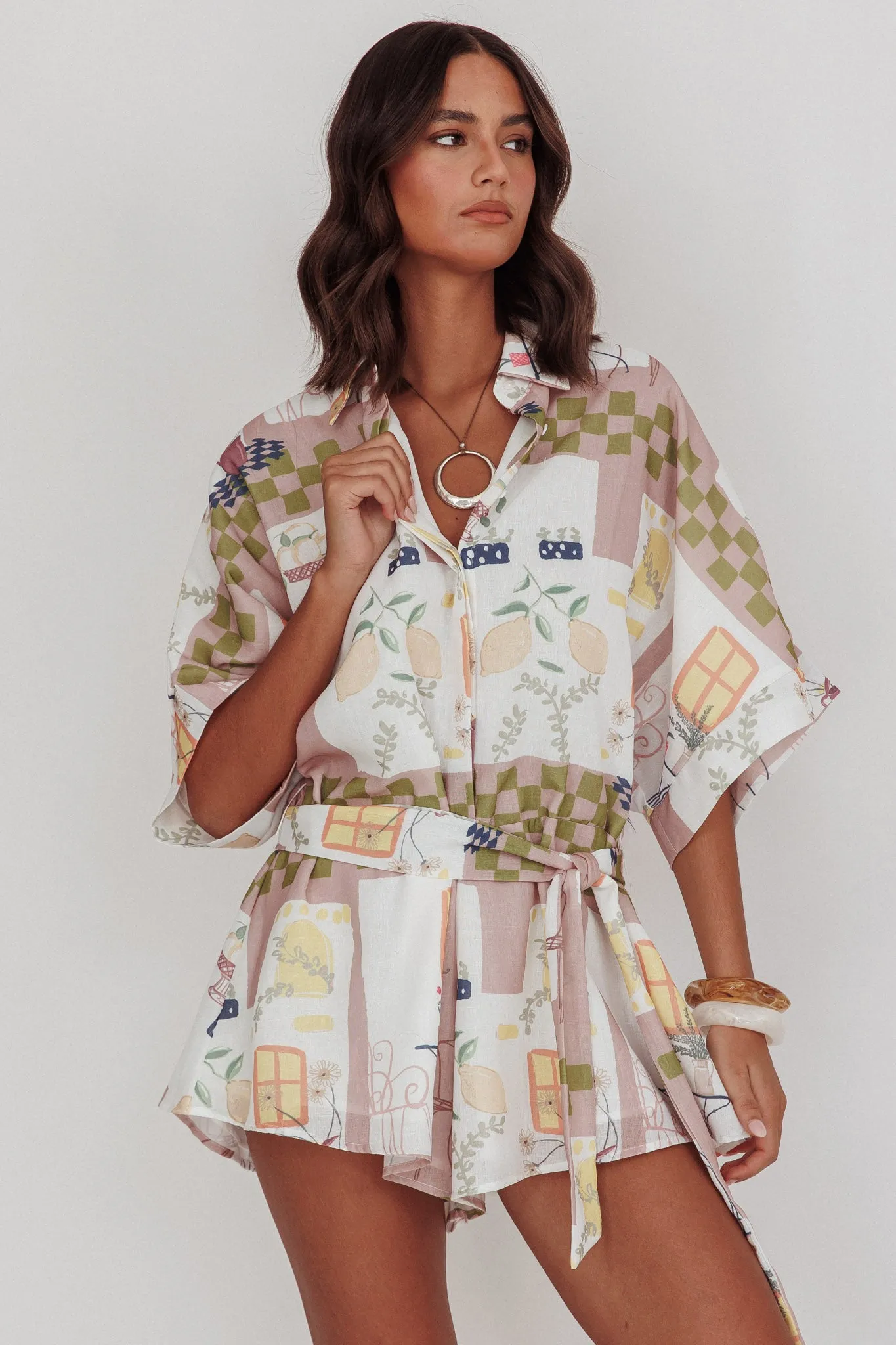 Daytona Beach Button-Up Romper Euro Print Olive