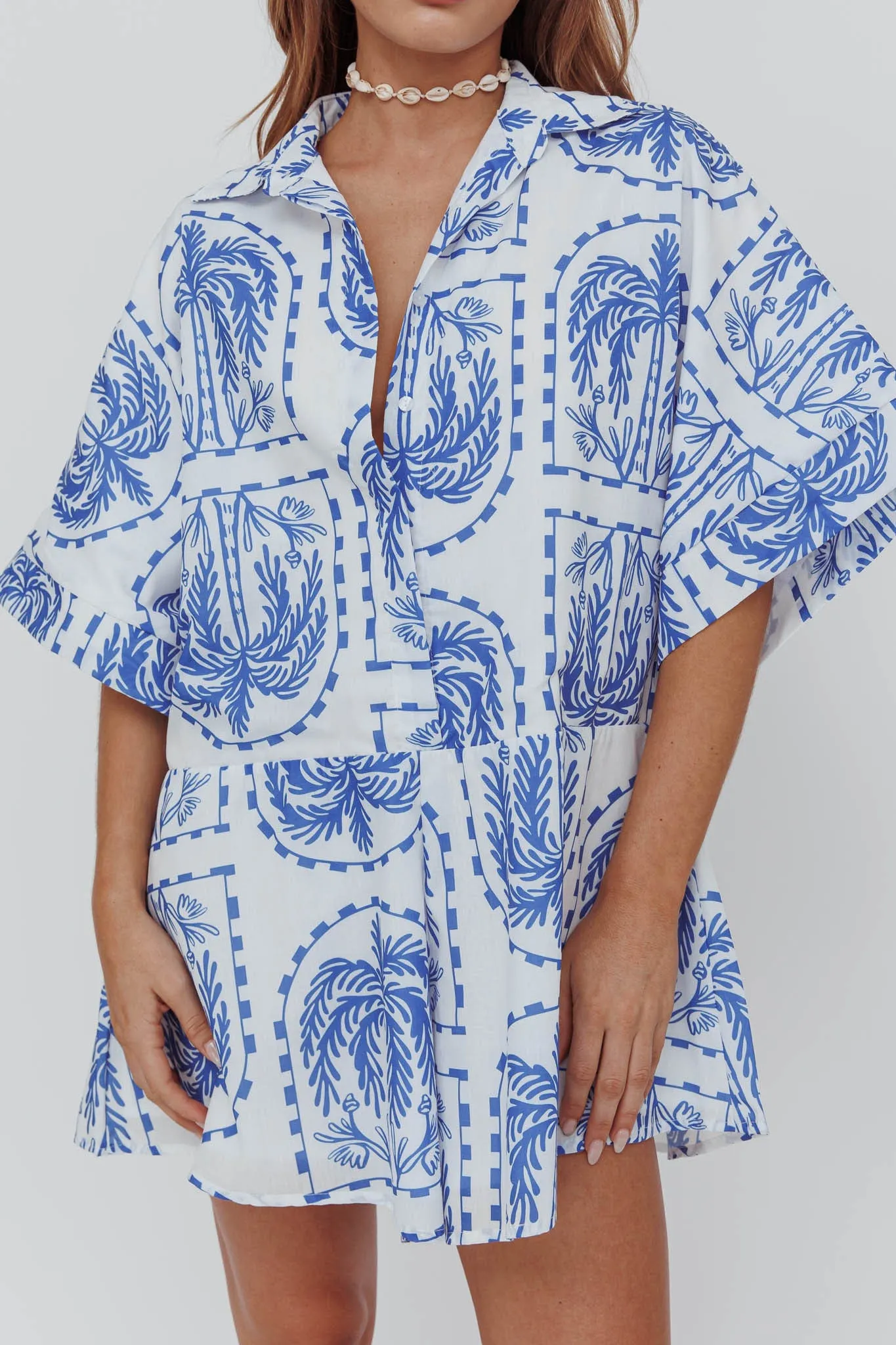 Daytona Beach Button-Up Romper Print Blue
