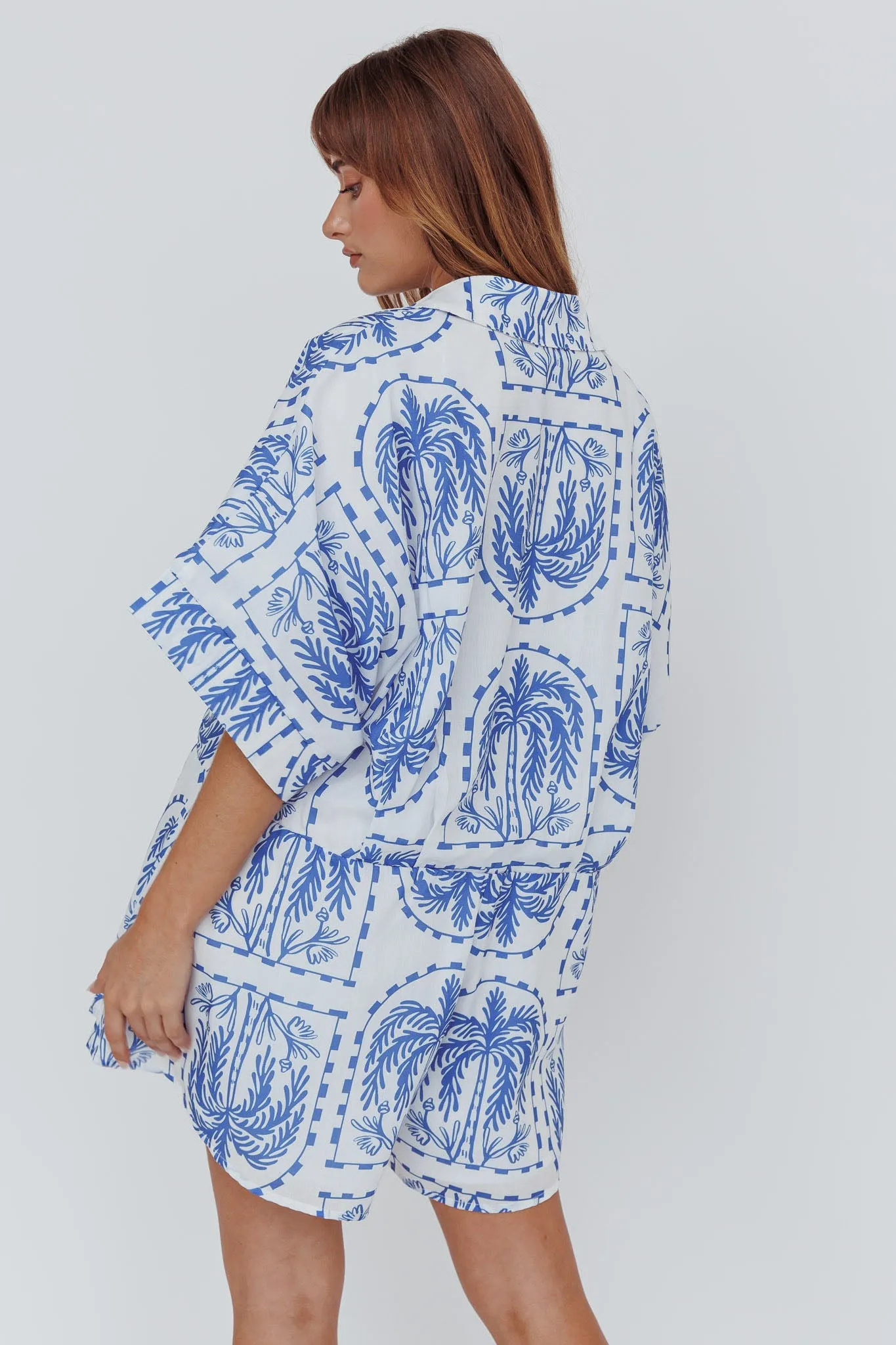 Daytona Beach Button-Up Romper Print Blue