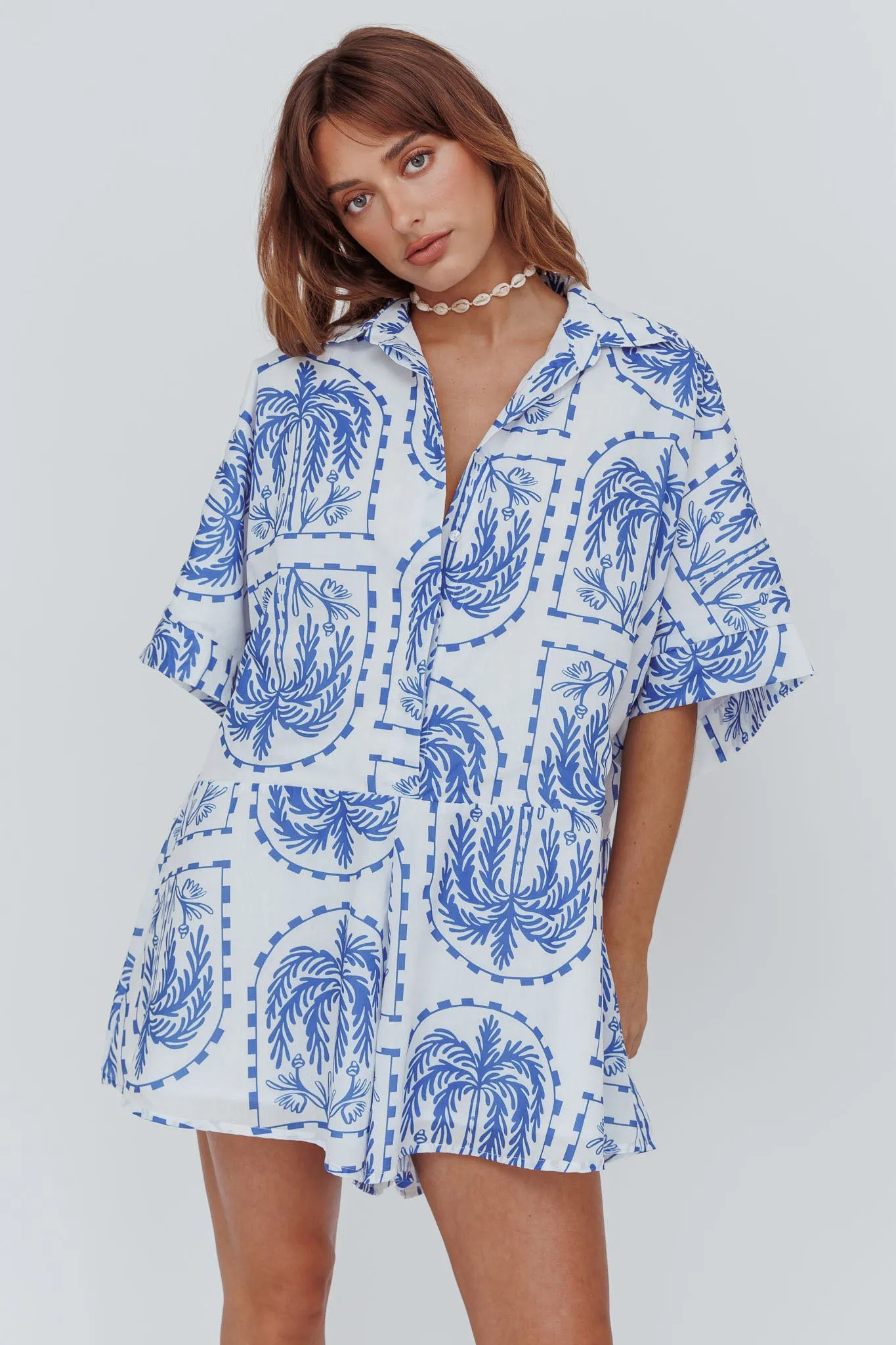 Daytona Beach Button-Up Romper Print Blue