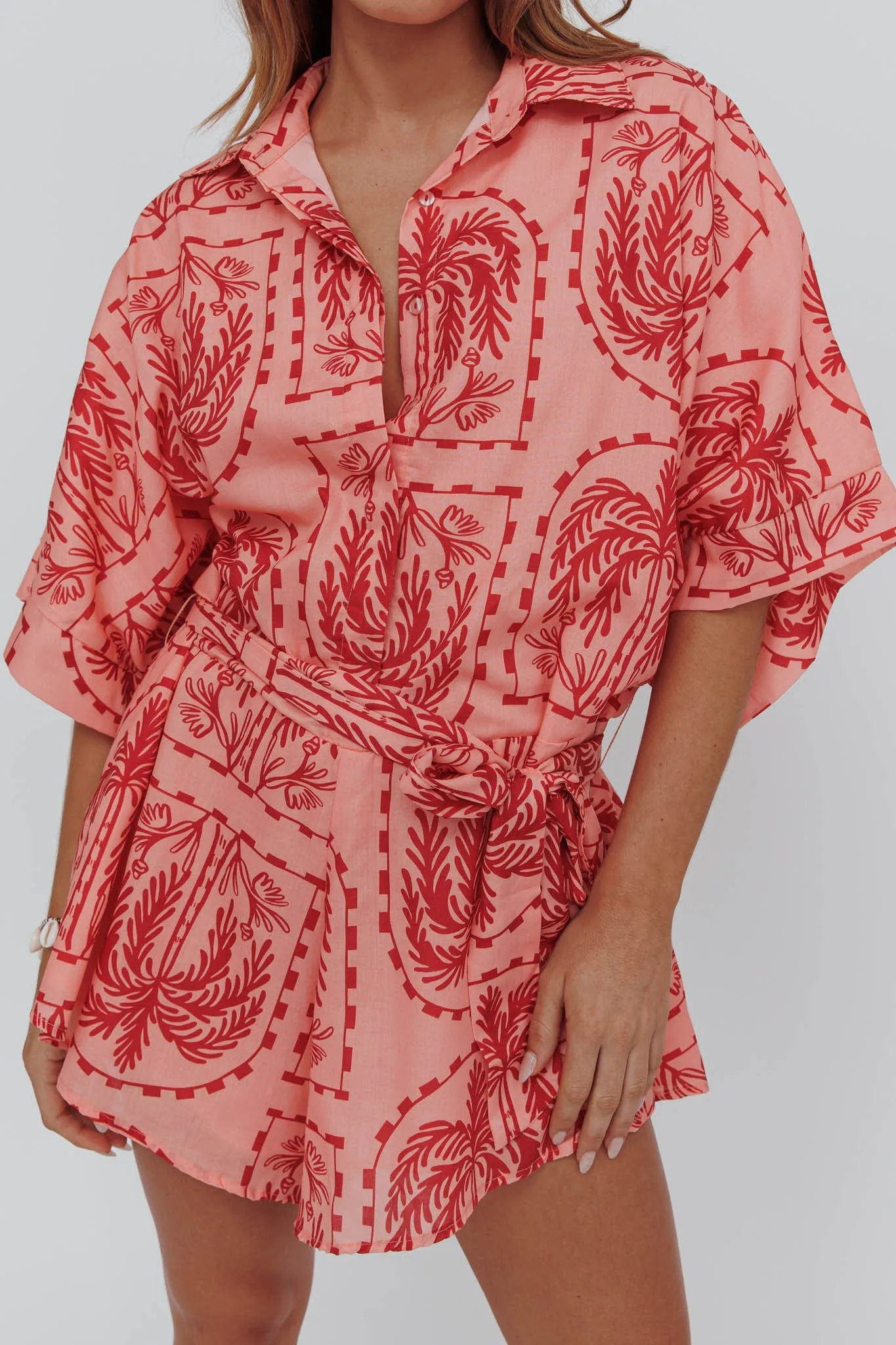 Daytona Beach Button-Up Romper Print Peach