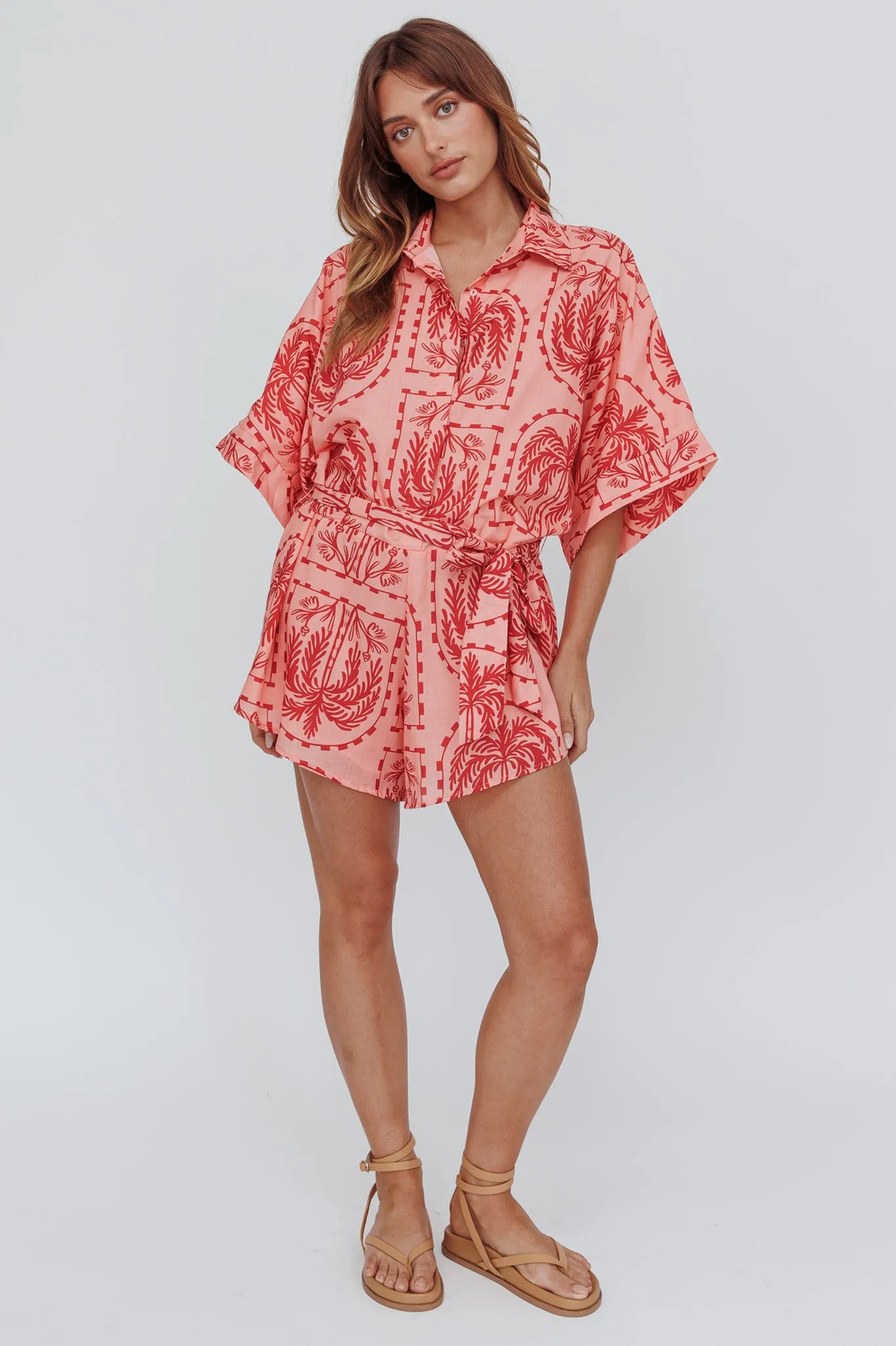 Daytona Beach Button-Up Romper Print Peach