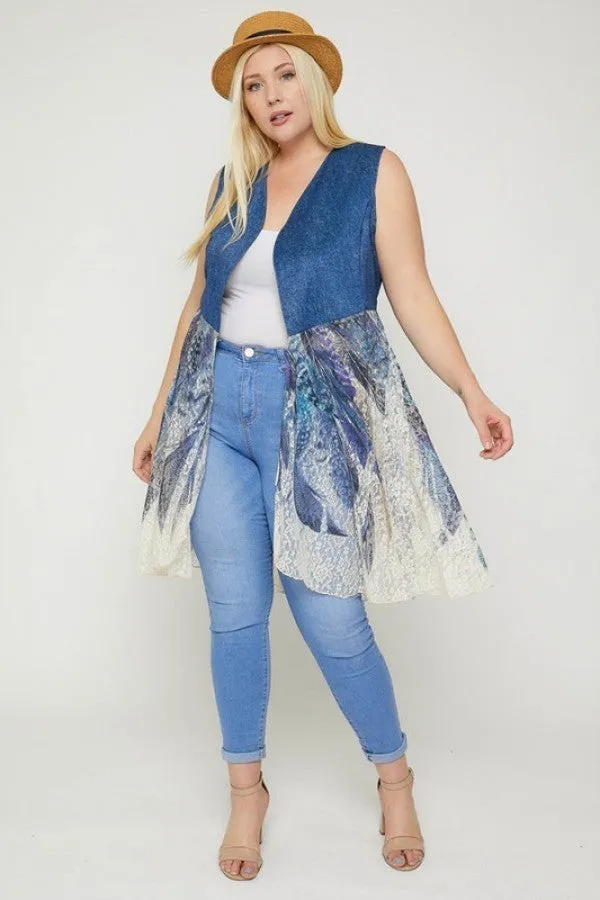 Denim Blue & Feathers Sleeveless, Long Silhouette Lace Women's Cardigan