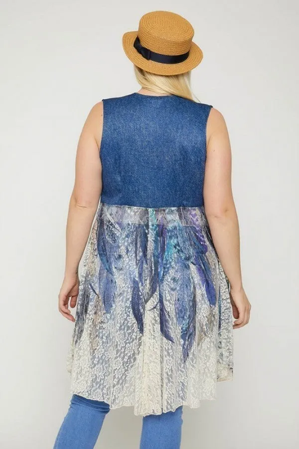 Denim Blue & Feathers Sleeveless, Long Silhouette Lace Women's Cardigan