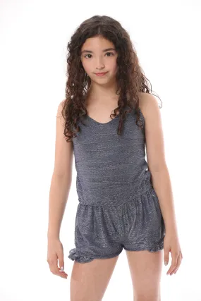 DENIM SHIMMER SLIP RUFFLE ROMPER