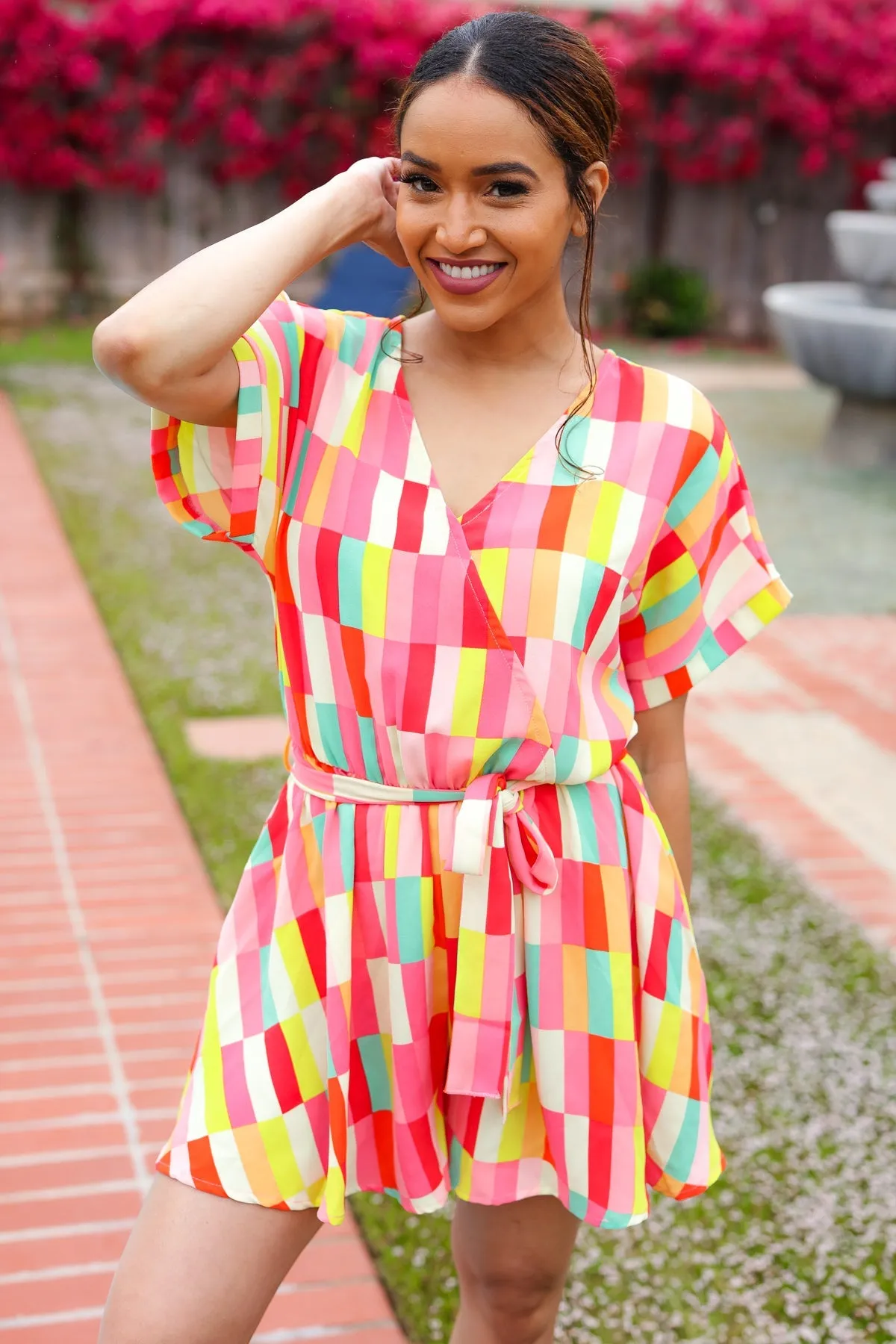 Eyes On You Coral & Yellow Geo Abstract Surplice Woven Romper