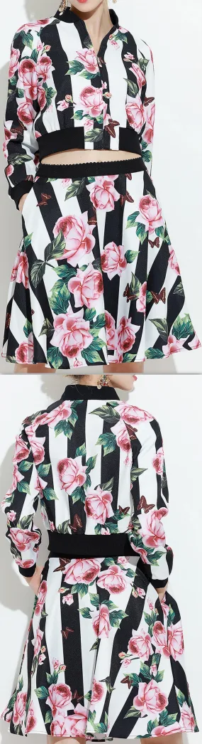 Floral & Stripe Print Jacket & Skirt Set