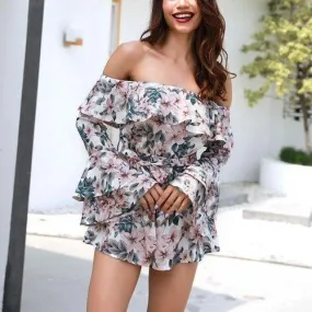 Floral Off-Shoulder A-Line Long Sleeve Romper