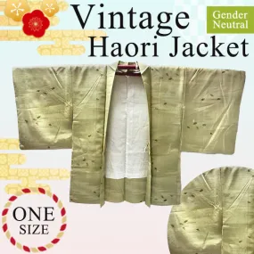Gender-Neutral Vintage Haori Jacket ,Haze and leaf pattern on soft yellowish green ground.