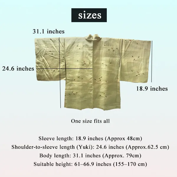Gender-Neutral Vintage Haori Jacket ,Haze and leaf pattern on soft yellowish green ground.