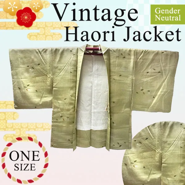 Gender-Neutral Vintage Haori Jacket ,Haze and leaf pattern on soft yellowish green ground.
