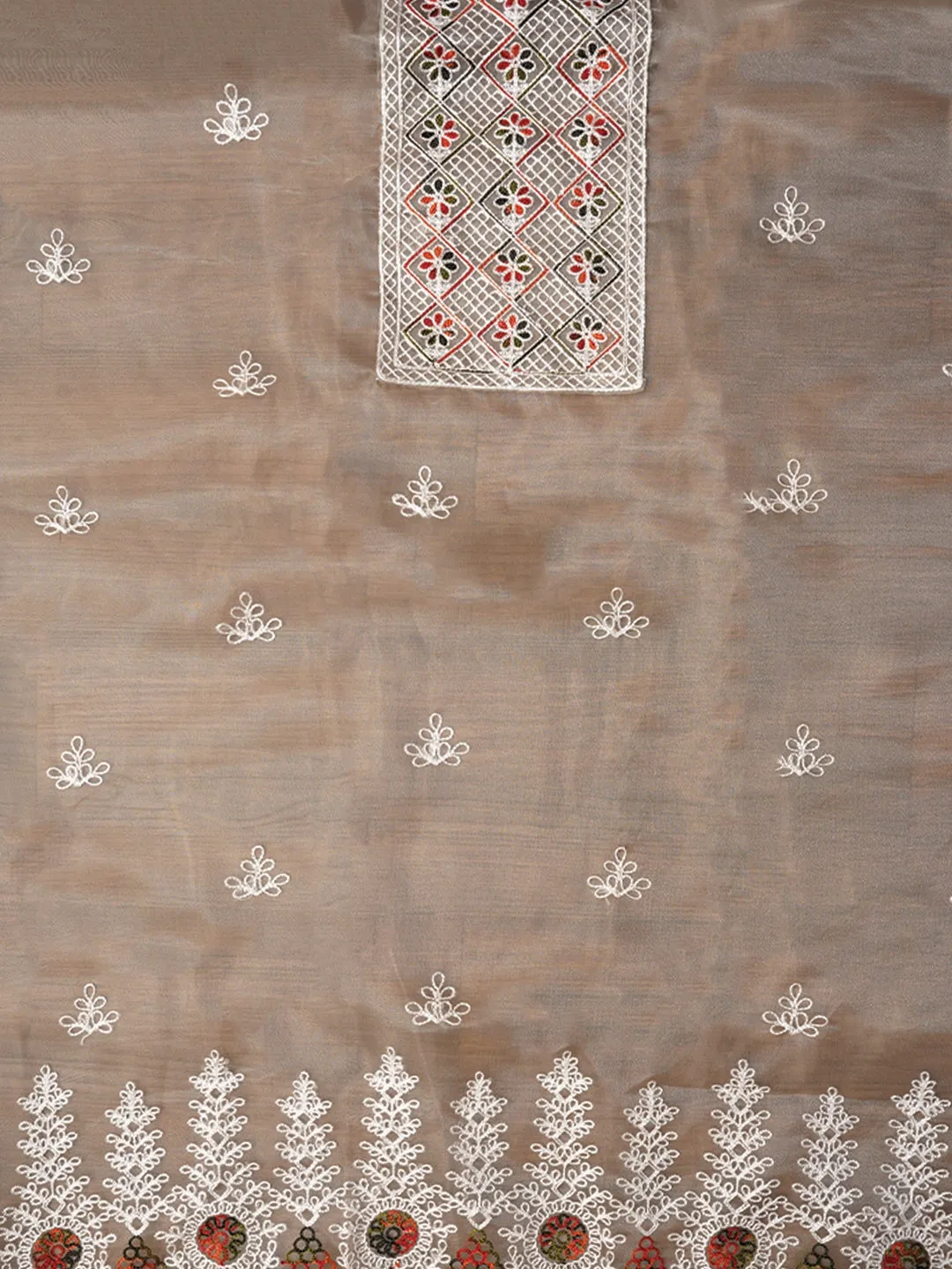 Grey Zari Embroidered Organza Dress Material with Dupatta