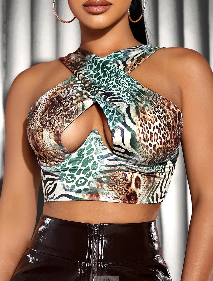 Hollow Out Cross Halter Wrap Tops