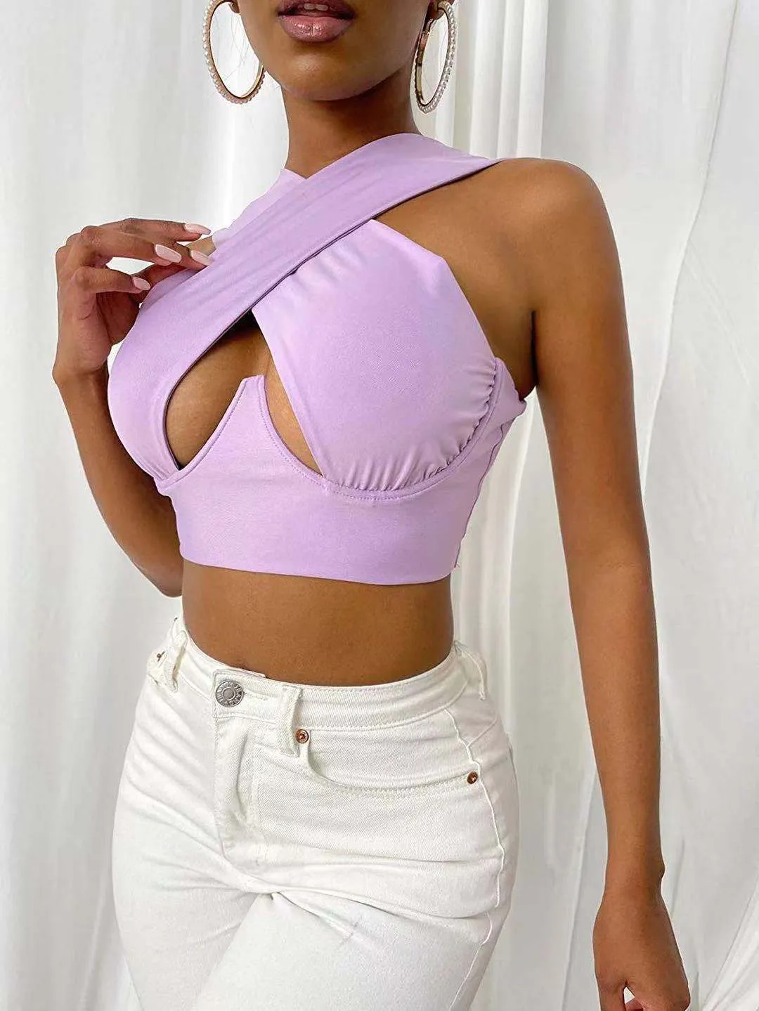 Hollow Out Cross Halter Wrap Tops