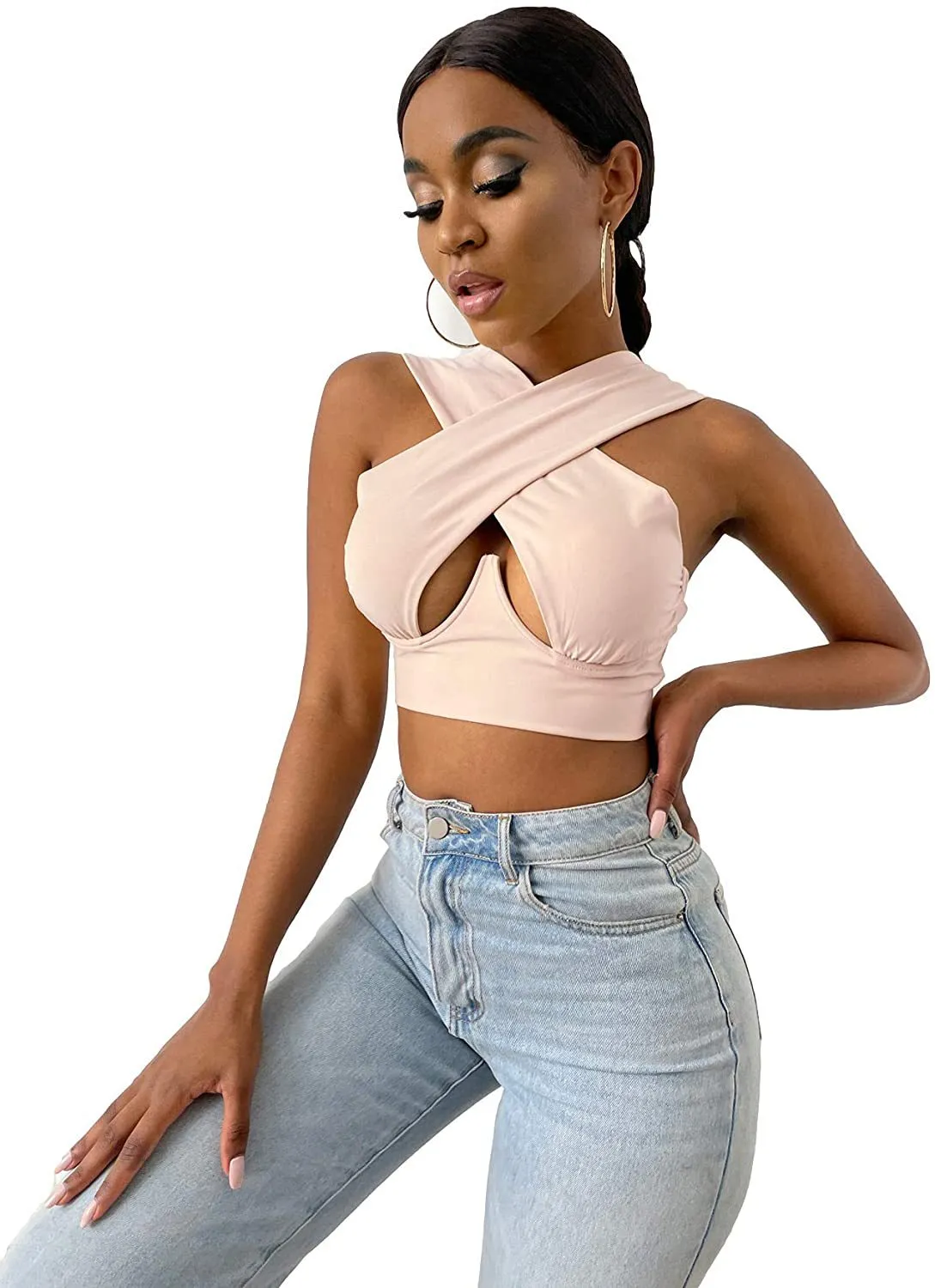 Hollow Out Cross Halter Wrap Tops