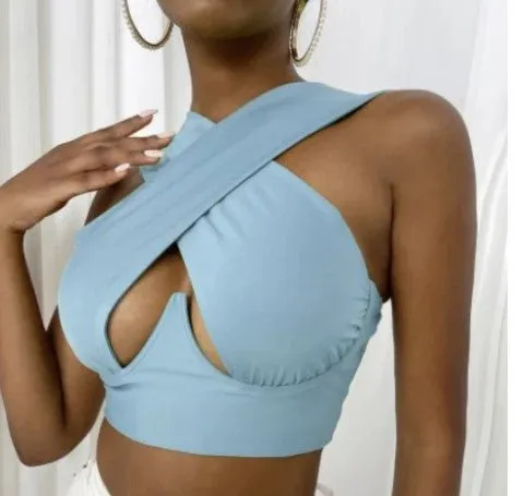 Hollow Out Cross Halter Wrap Tops