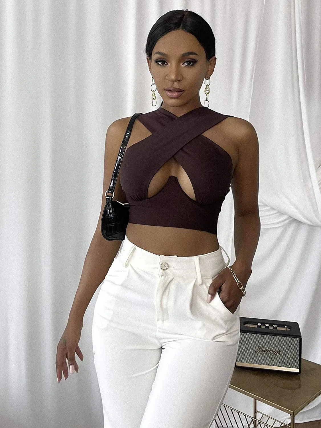 Hollow Out Cross Halter Wrap Tops