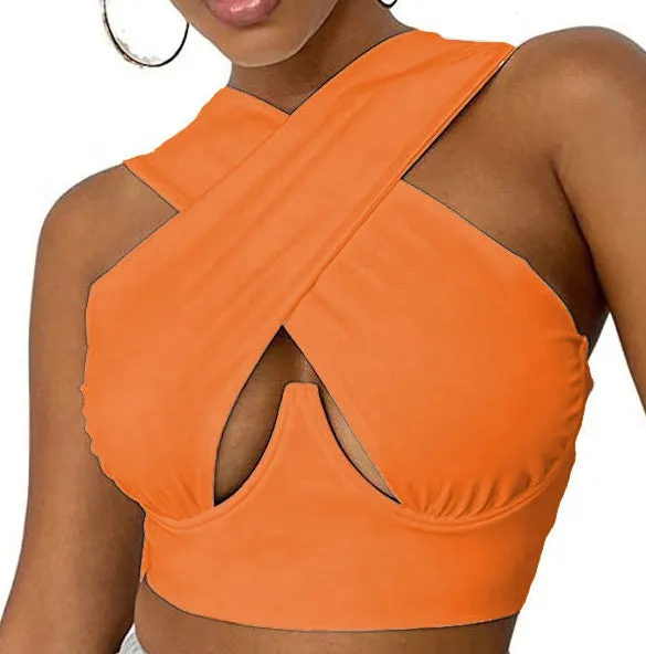 Hollow Out Cross Halter Wrap Tops