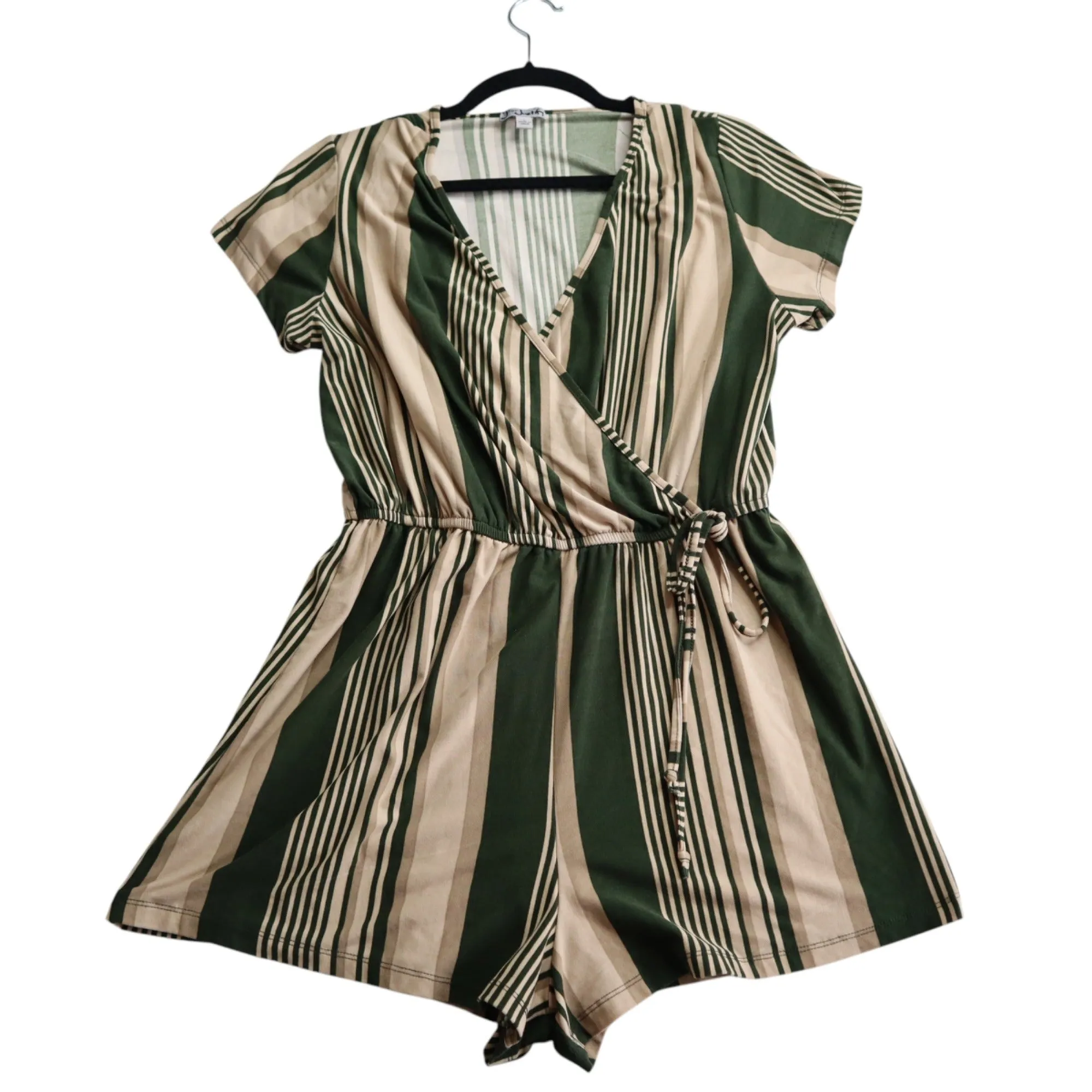 J for Justify Green and Beige Striped Short Sleeves V-Neck Romper Women's Large