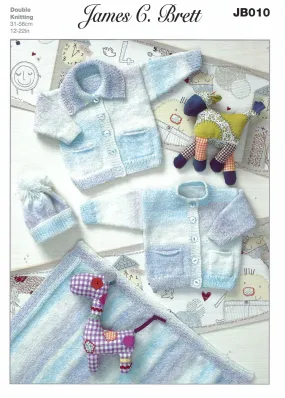 James C Brett JB010 Double Knitting Pattern - Baby DK Cardigans, Bobble Hat & Blanket