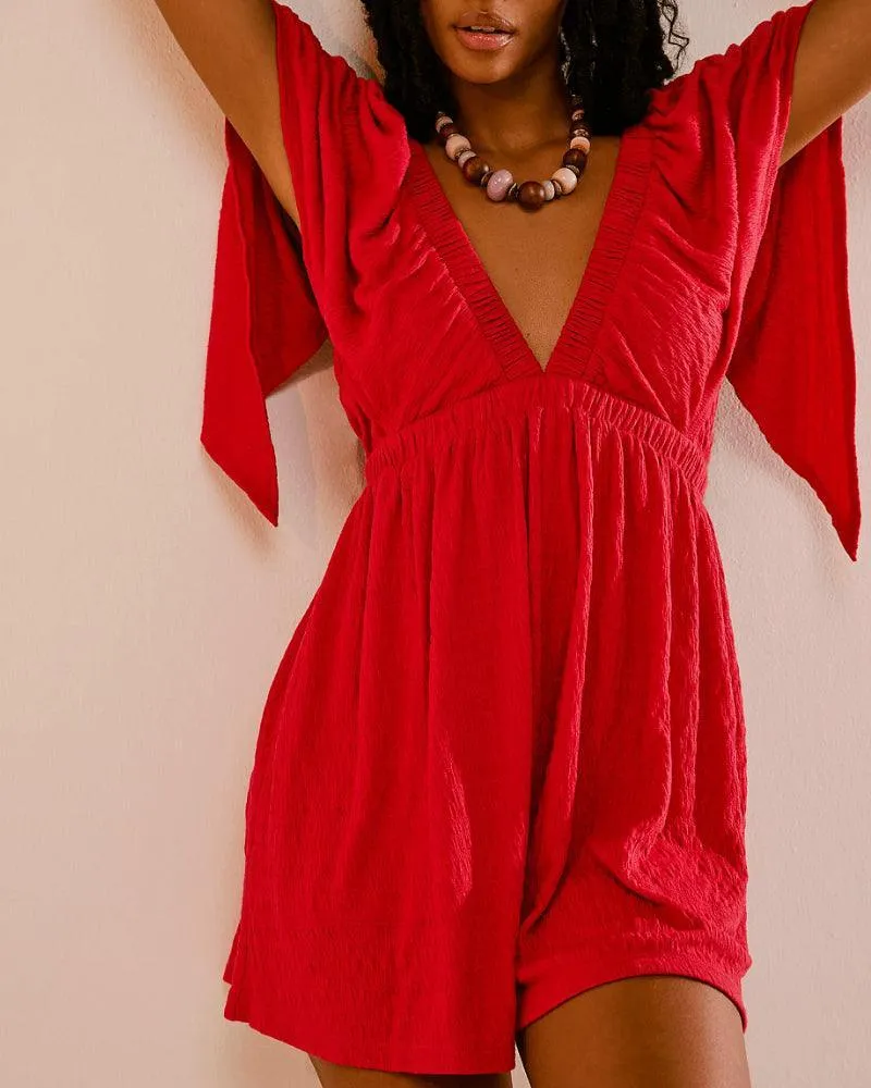 Ladies Jumpsuit Solid Color V-Neckline Romper SKJ323