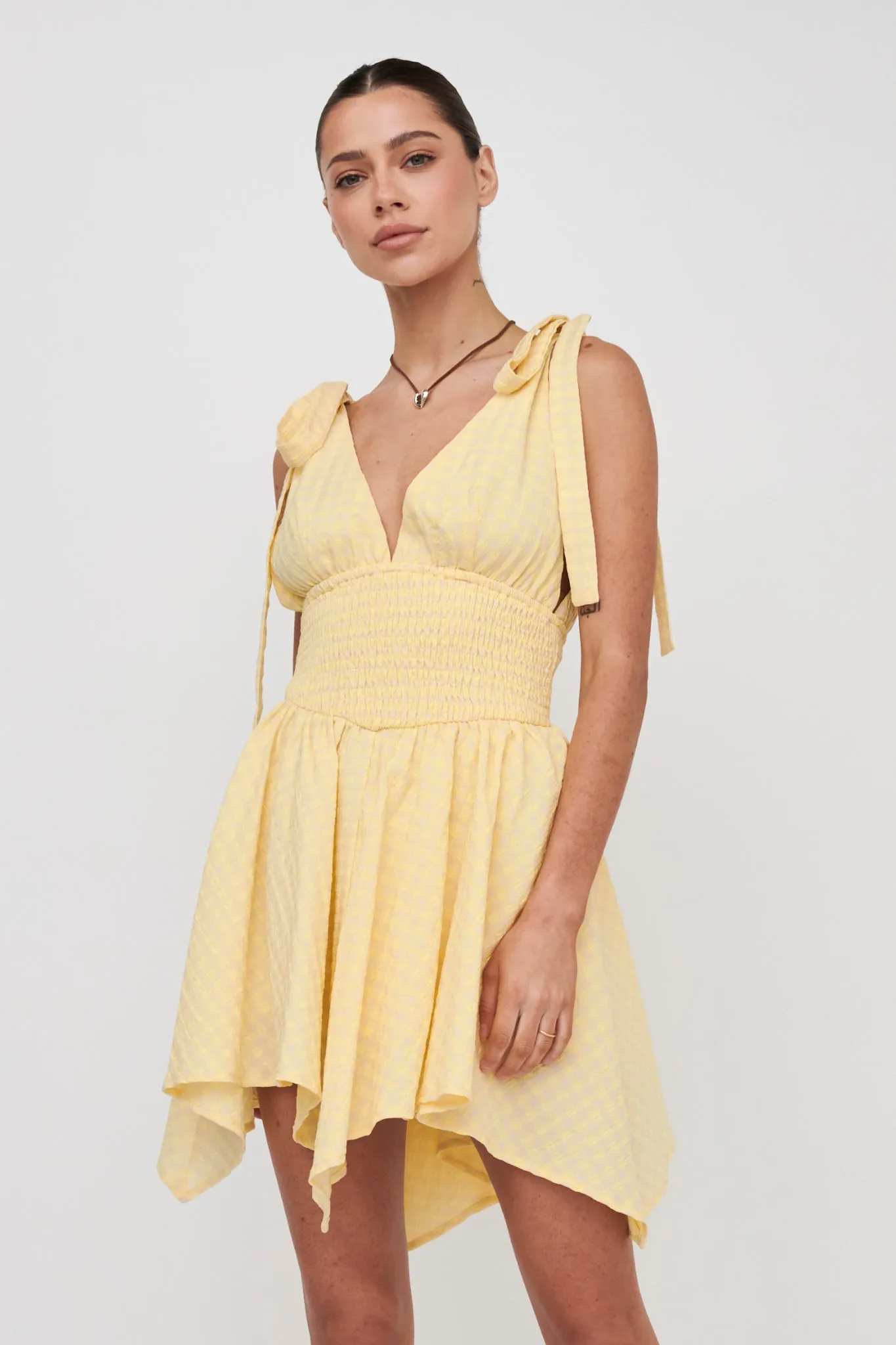 Lido Tied Shoulder Shirred Romper Lemon
