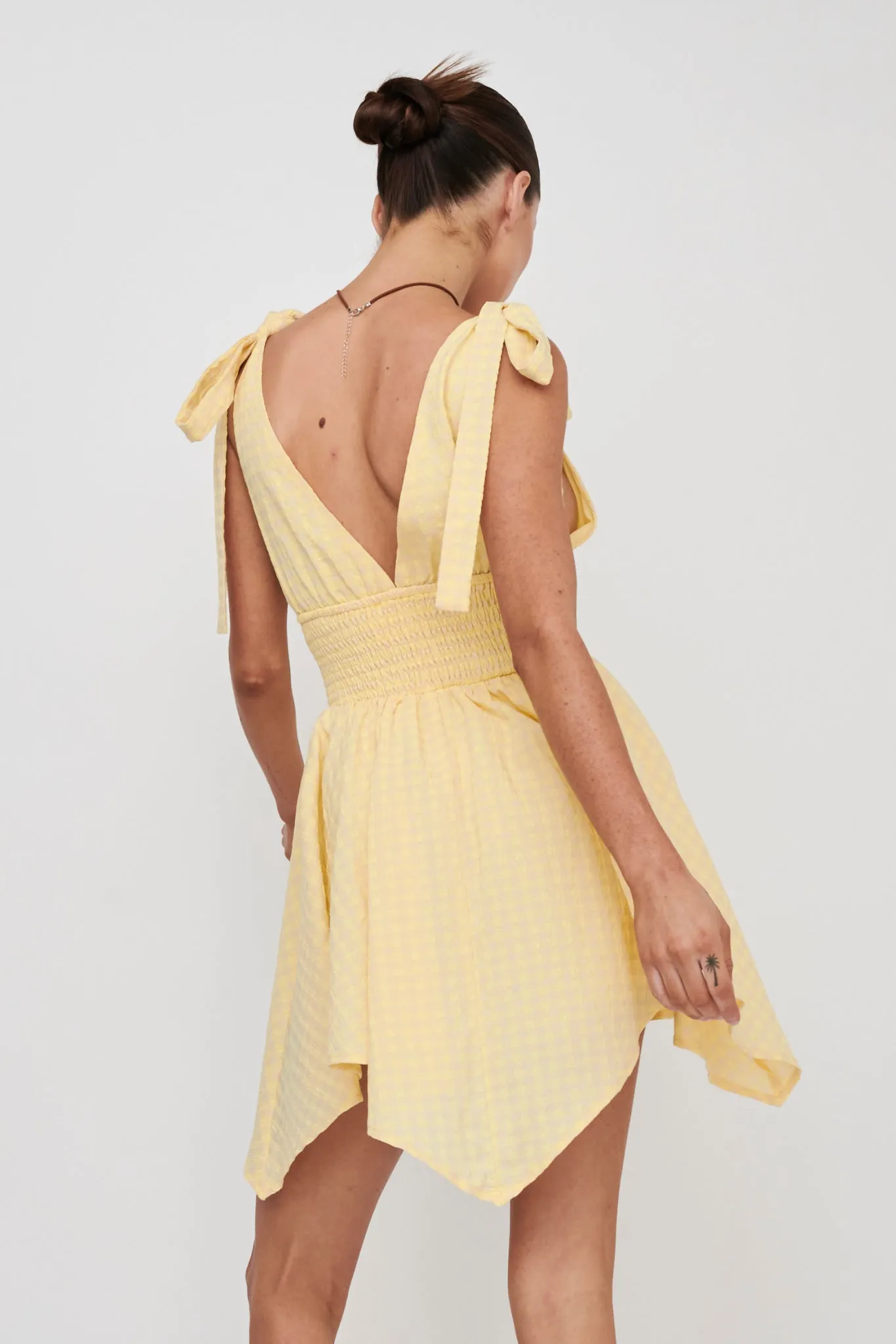 Lido Tied Shoulder Shirred Romper Lemon
