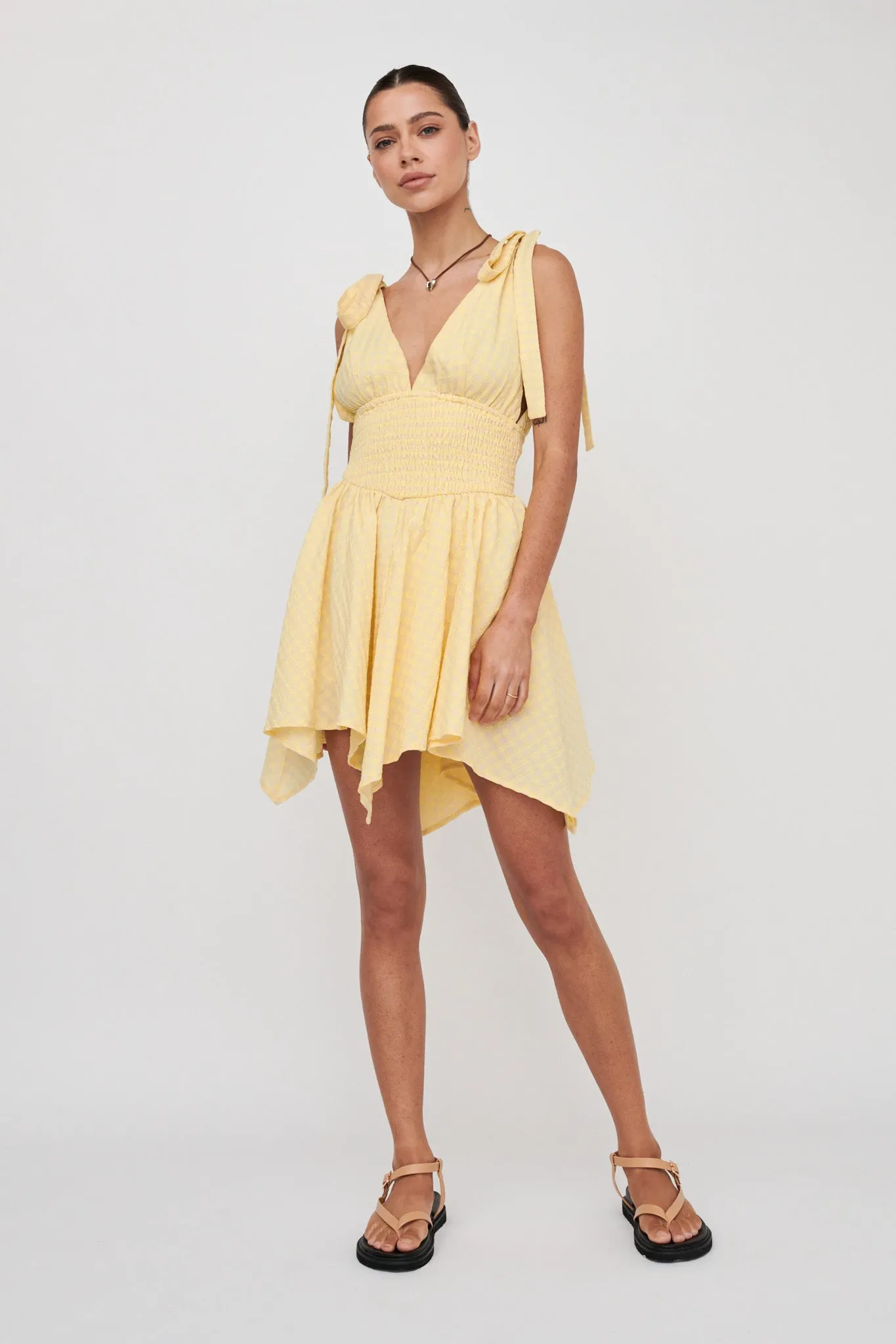 Lido Tied Shoulder Shirred Romper Lemon