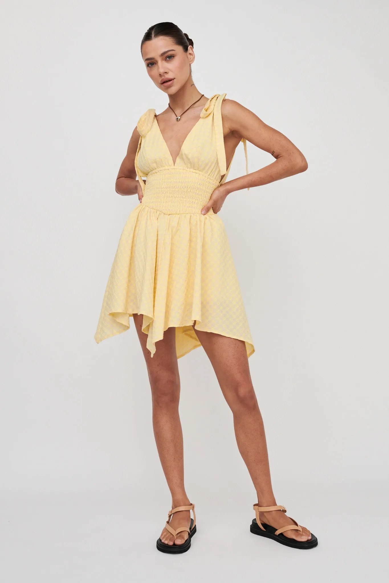 Lido Tied Shoulder Shirred Romper Lemon