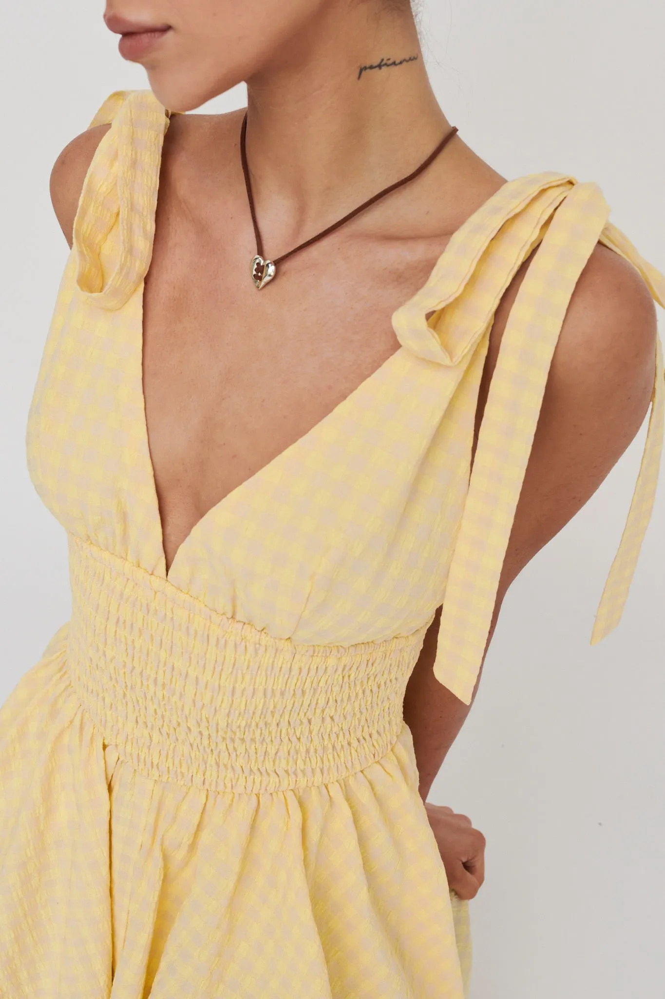 Lido Tied Shoulder Shirred Romper Lemon