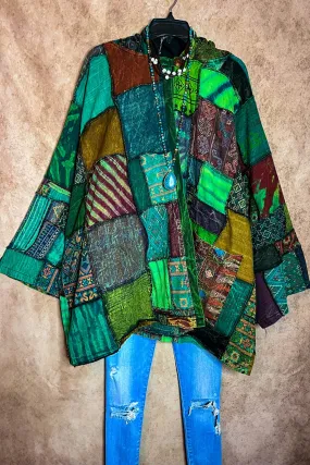 Light Spirit Patchwork Swing Hooded Kimono Jacket Green & Multi-Color