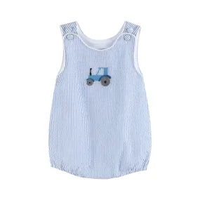 Lil Cactus - Dark Blue Tractor Seersucker Bubble Romper