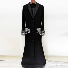 Long Sleeve Crystal Sequin Maxi Coat Dress Black Embellished Long Blazer Dress