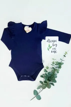 Long Sleeve Flutter Romper - Navy - 0000 to 2yrs