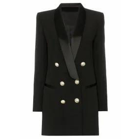 Long Sleeve Satin Collar Double Breasted Lion Buttons Notched Blazer Dress