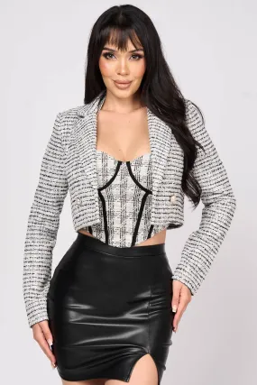 LUXE STRETCH TWEED GOLD PEARL BUTTON CROP BLAZER