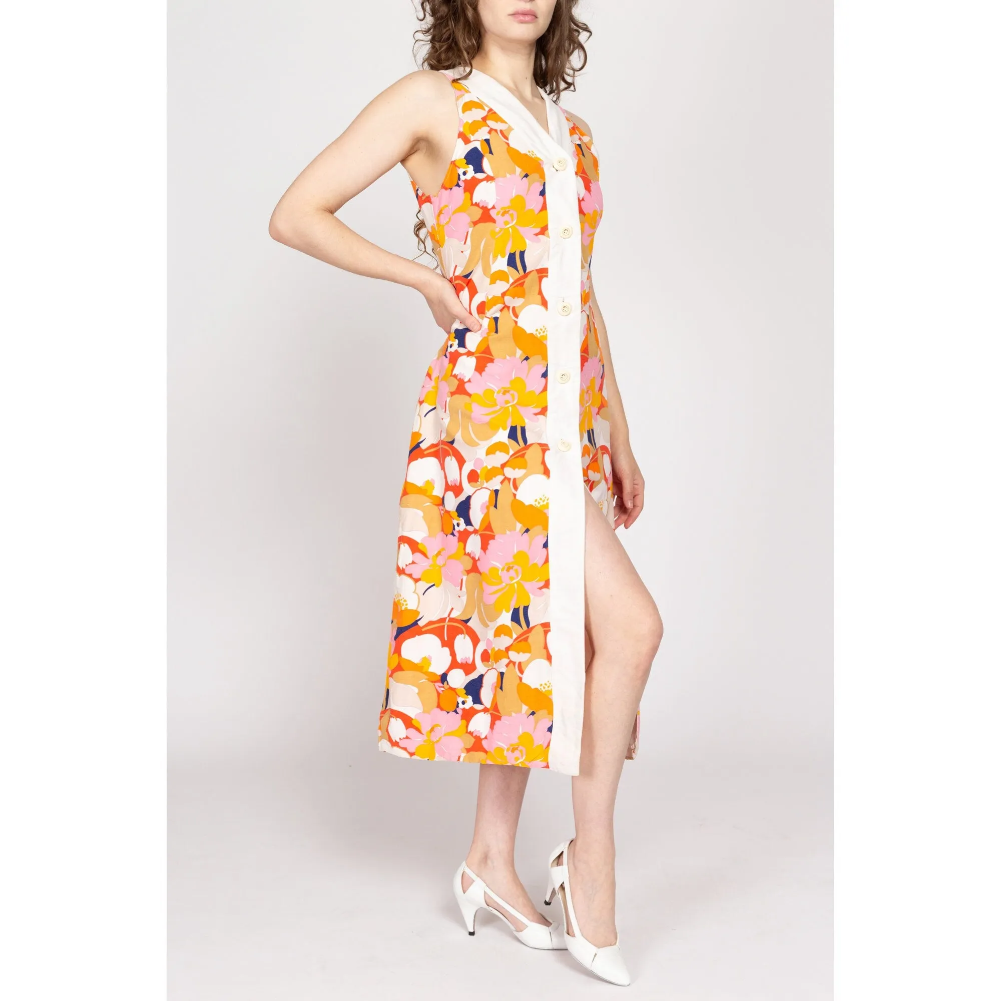Medium 70s Tropical Floral Midi Cover Up Dress