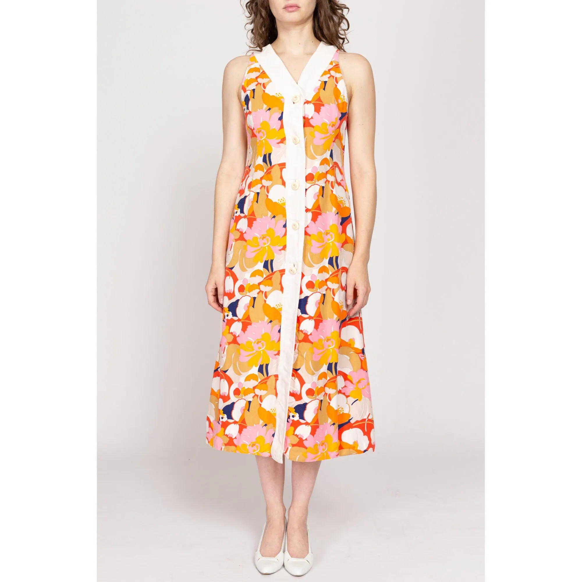 Medium 70s Tropical Floral Midi Cover Up Dress